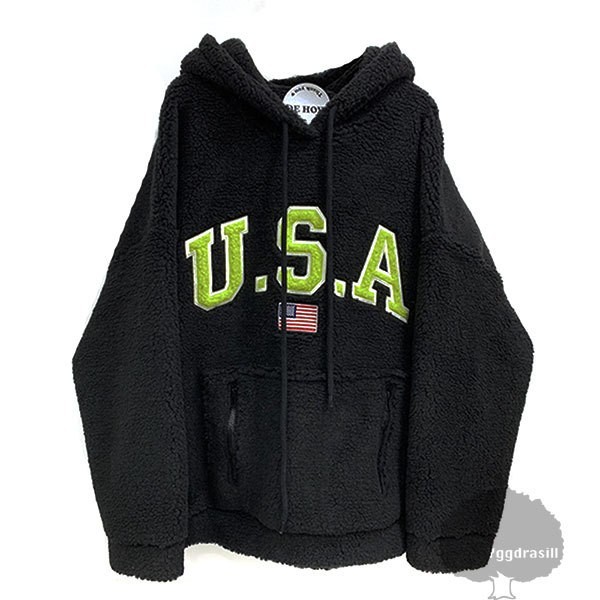 YGG★新品 USA柄 ボア フーディ パーカー トップス アウター 黒 ブラック L オーバーサイズ 人気 男女兼用 ユニセックス拍卖