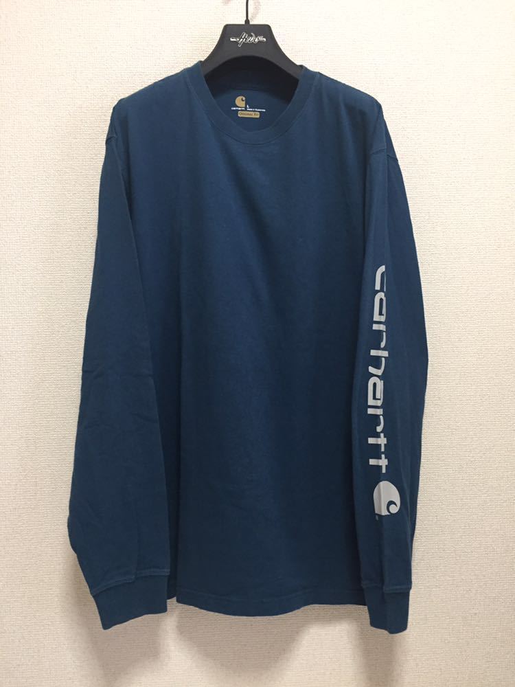USA古着 carhartt カーハート 長袖Tシャツ 袖プリ ロンT L 青緑系拍卖