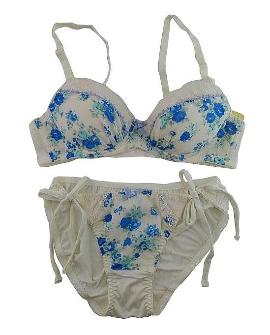 SI6493◇ 新品 ブラジャー& ショーツ ストラップ調節可 胸元レース カップ花柄 ショーツサイド紐 A70M ホワイト拍卖