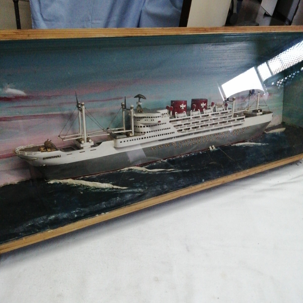 船 模型 栄丸 木箱 硝子 ガラス 海 SAKAE MARU 大船 (約815×305×150mm) アンティーク 拍卖