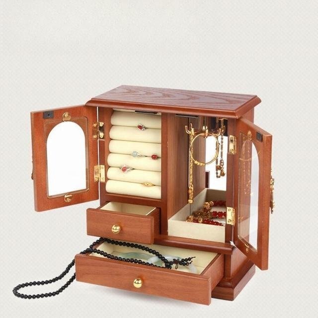 LRM2535★ジュエリーボックス 木製 ジュエリー収納 アクセサリー収納 ミラー付き 収納ボックス 大容量 イヤリング ピアス ブラウン拍卖