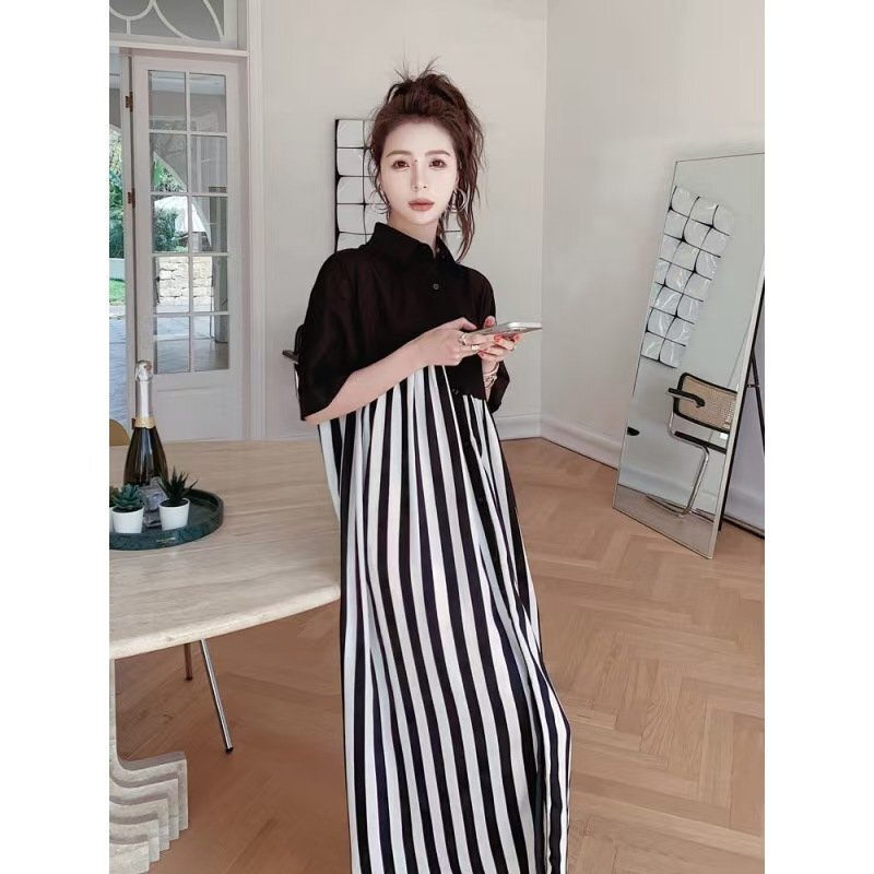 LRM2591★レディース シャツワンピ ロングワンピース 夏 ストライプ柄 ゆったり 半袖 大きいサイズ 可愛い拍卖