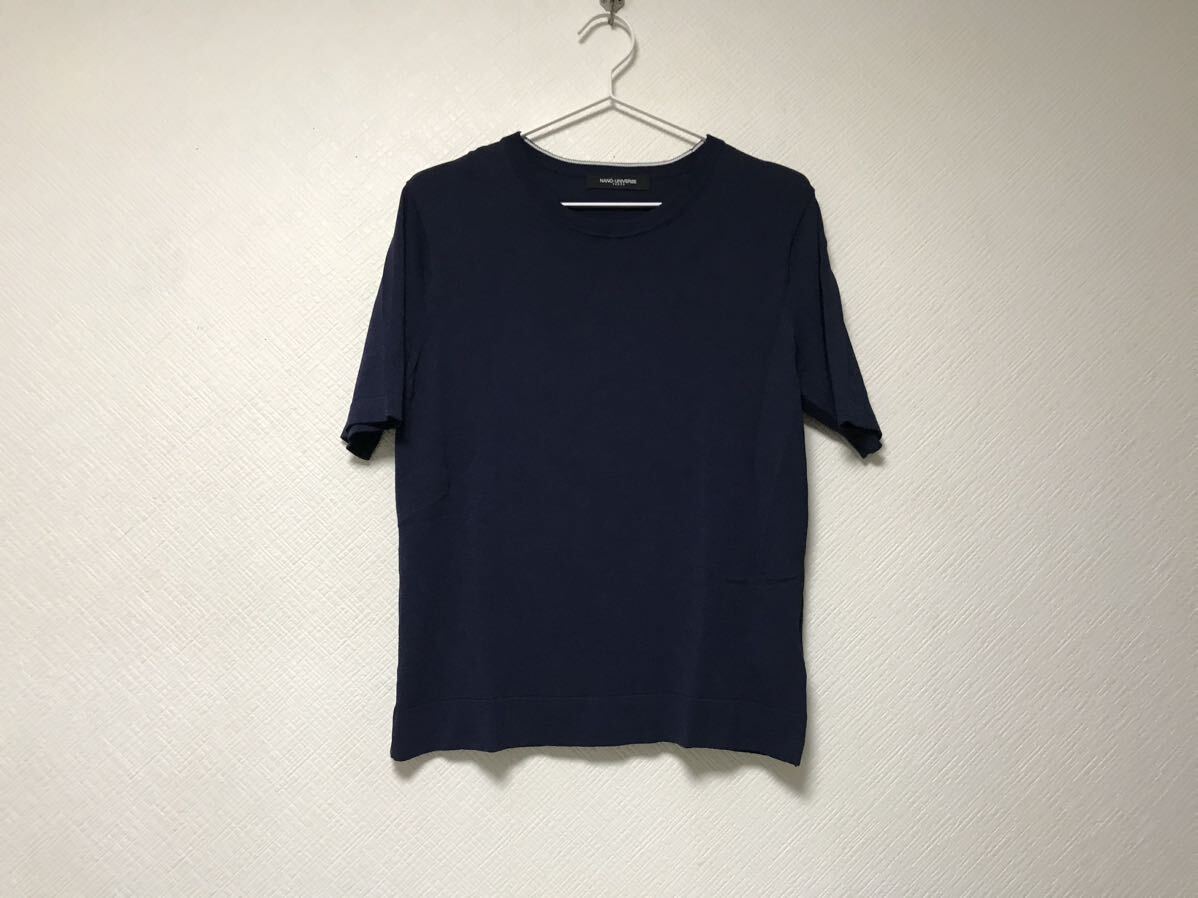 美品本物ナノユニバースnanouniverseレーヨンナイロンサマーニット半袖Tシャツメンズサーフアメカジミリタリーワークビジネス紺ネイビーS拍卖