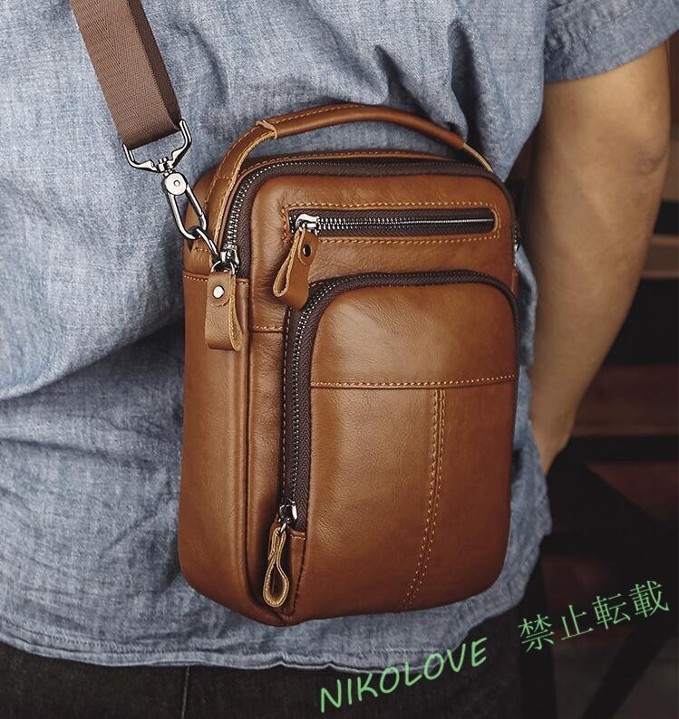 本革 牛革 ボディバッグ ショルダーバッグ メンズ 斜め掛け 多機能ポケット アウトドア 2way ブラウン AB157拍卖