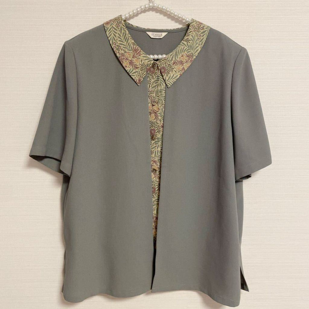 婦人服 レトロ シャツ 半袖 13R LL グリーン 緑 肩パット入り 美品拍卖