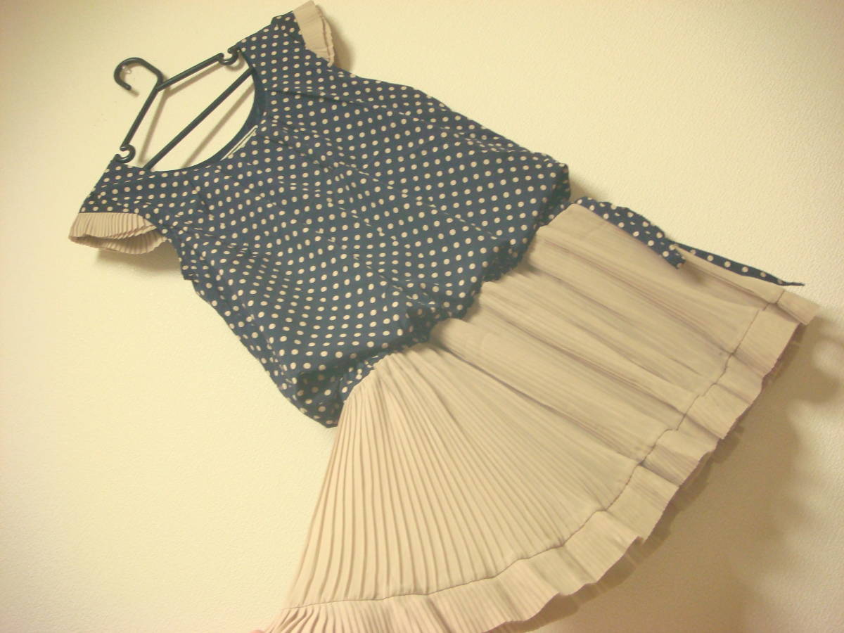 ラグナムーン ドット柄 プリーツ切替え ワンピース 美品 ネイビーベージュ拍卖