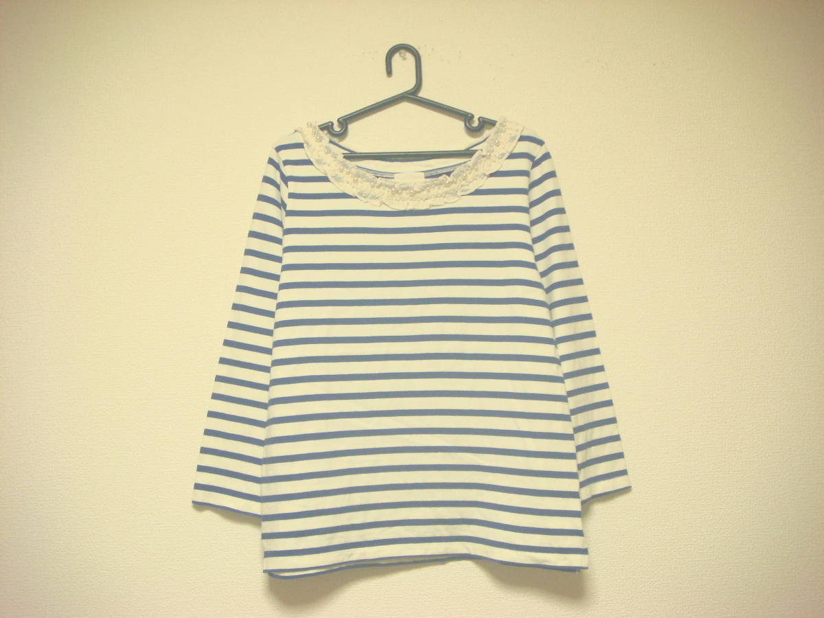 クチュールブローチ フリル パール飾り ボーダー カットソー 綿100% ネイビーブルー生成り 美品拍卖