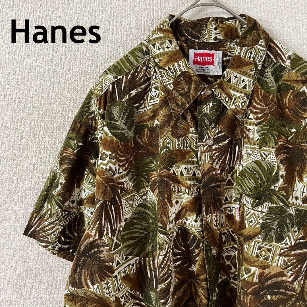 D3 Hanesボタニカル柄ネイティブ柄シャツ半袖コットン日本製ゆったりMメンズ拍卖