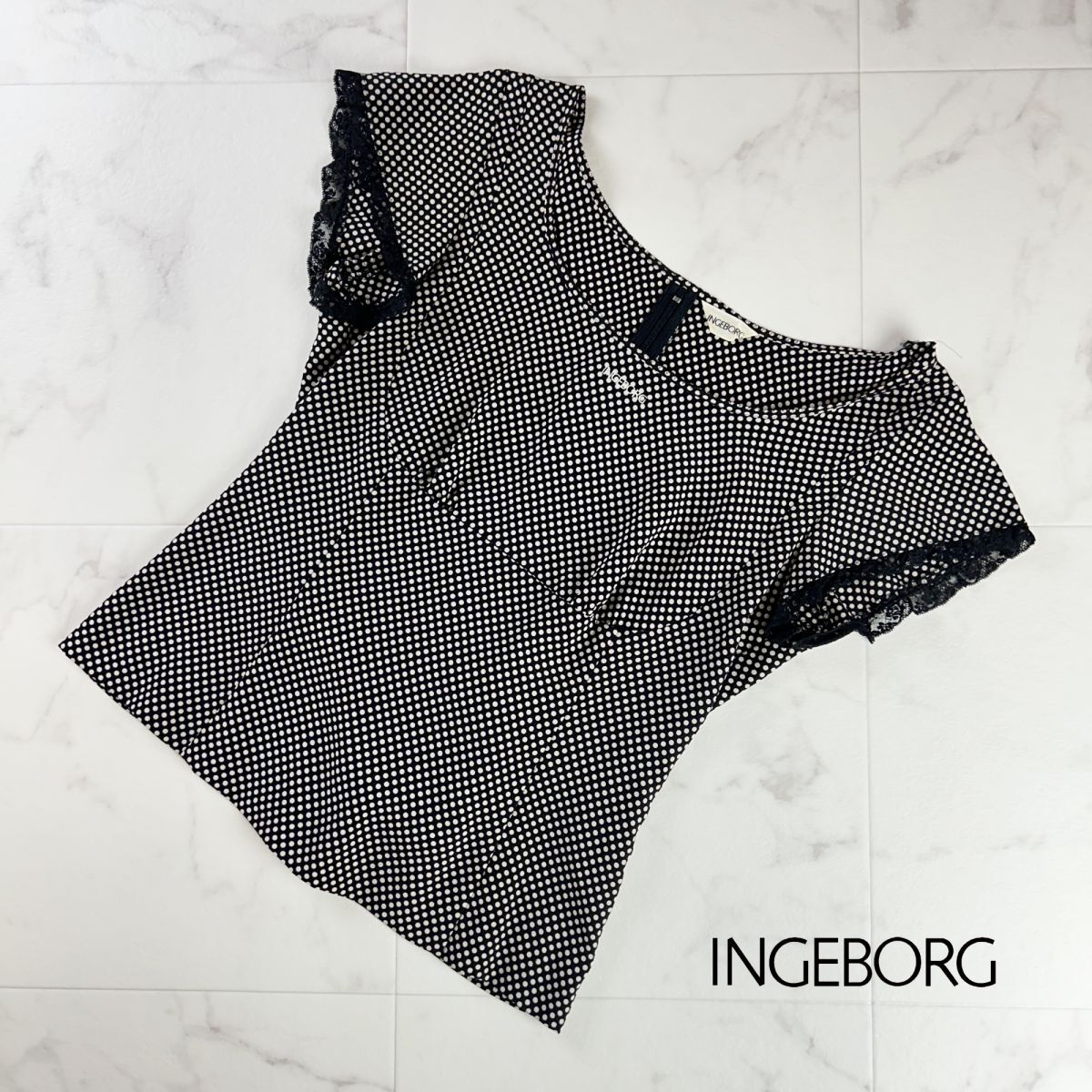 美品 INGEBORG インゲボルグ プリントブラウス 半袖 ドット柄 袖レース ウエストリボン トップス レディース 黒 ブラック サイズM*RC1177拍卖