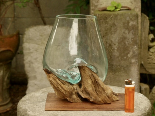 吹きガラスの花瓶+流木台座 h22cm アクアリウム水槽 テラリウム ガラスオブジェ メダカ鉢 玄関飾 0623b拍卖