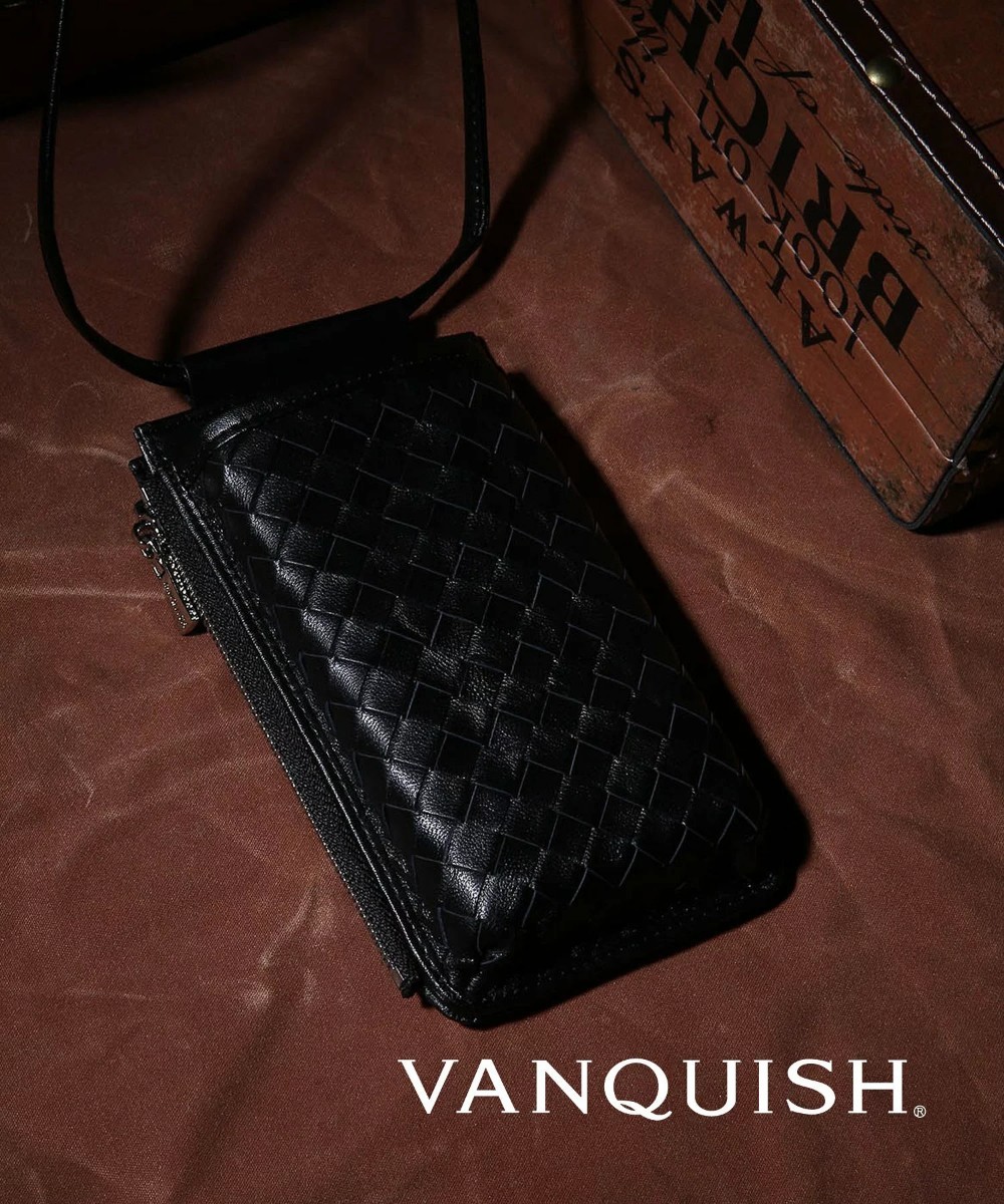 最値!新品!定17600円!ハイグレードライン!【ヴァンキッシュ】高級本革ラムレザー ウーブン ネックポーチ スマートフォンケース!ブラック!黒拍卖