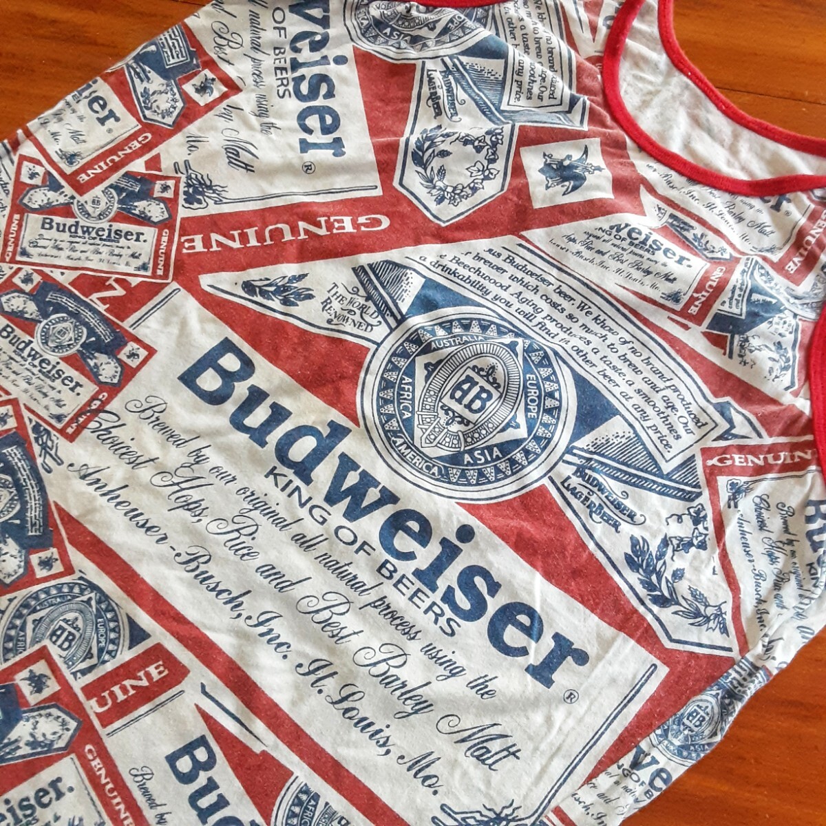 最値!90'sヴィンテージ!USA製!アイコンデザイン!バトワイザー(Budweiser)総柄 タンクトップ!ホワイト×レッド×ネイビー!白赤紺 M相当拍卖