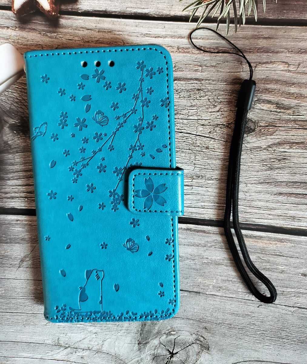 iPhone13手帳型 可愛いiPhoneケース スマホカバー 花柄 ねこちゃん手帳型スマホケース ブルー 人気拍卖