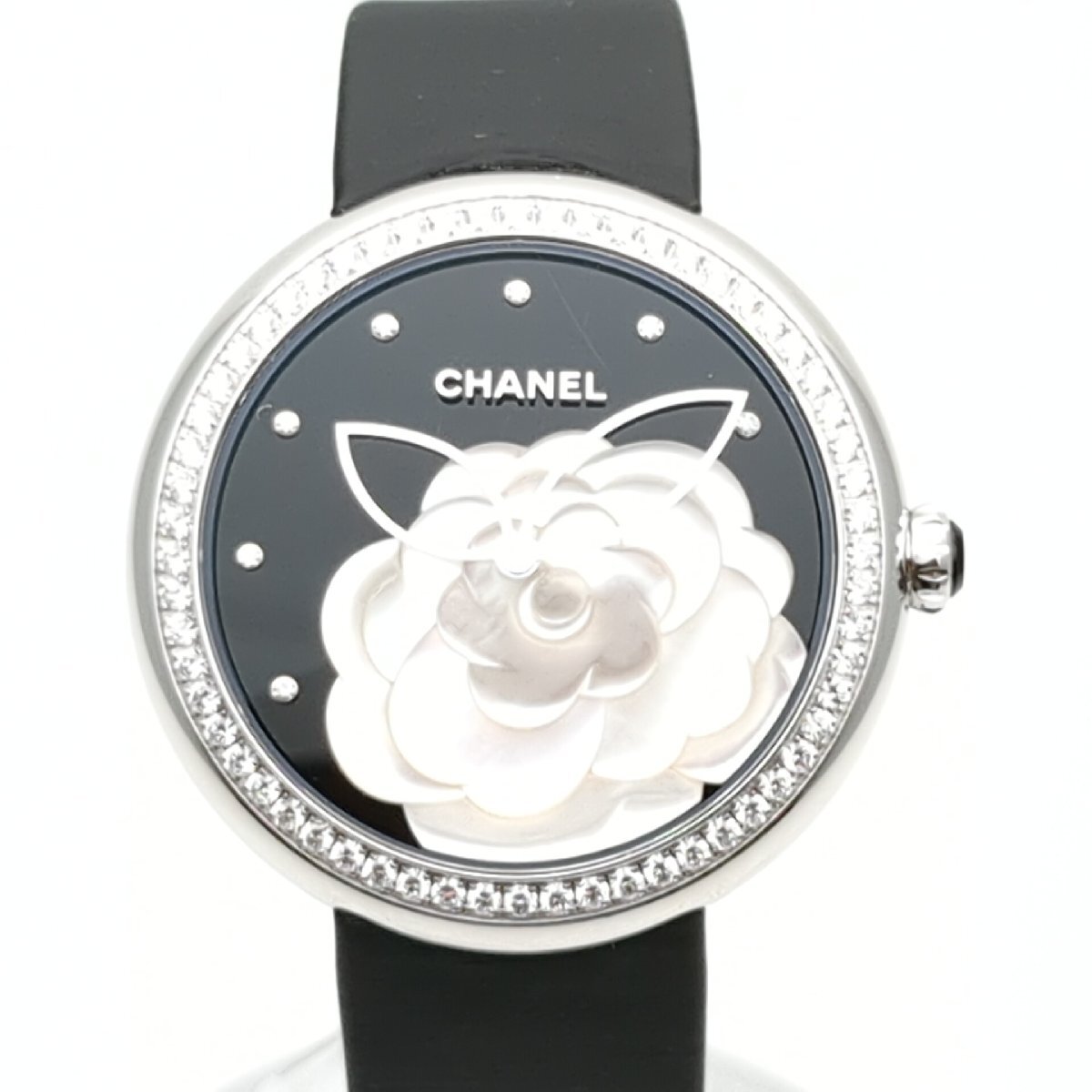 【ベルト交換&ポリッシュ済】 CHANEL シャネル マドモアゼル プリヴェ K18 WG H3096 カメリアモチーフ クォーツ ダイヤ拍卖