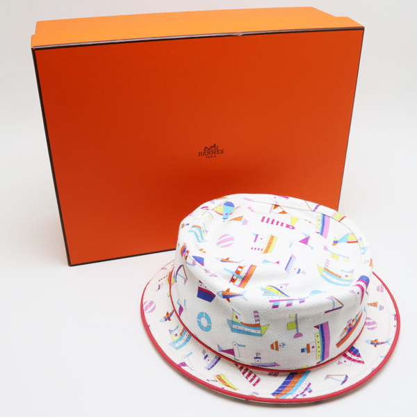 中古品 エルメス プティシャルティハット 帽子 子供 ホワイト コットン サイズ52拍卖