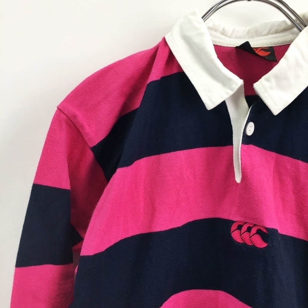 CANTERBURY/カンタベリー 長袖 ラガーシャツ ボーダー柄 刺繍 コットン ピンク ネイビー サイズ8years キッズ ラグビー拍卖