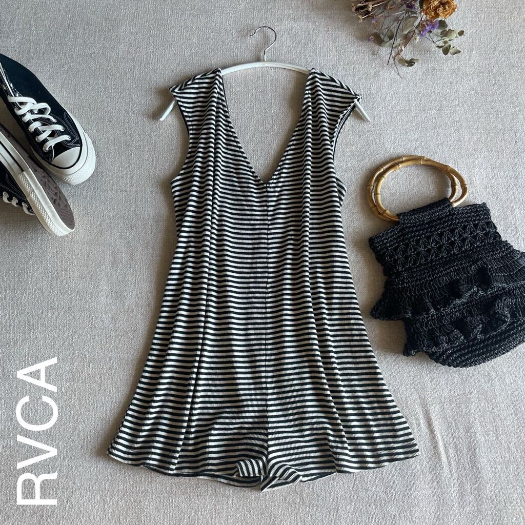 RVCA ロンパース ワンピース ノースリーブ ショートパンツ レディースSサイズ ボーダー リブ ルーカ ルカ 美品 黒 白拍卖