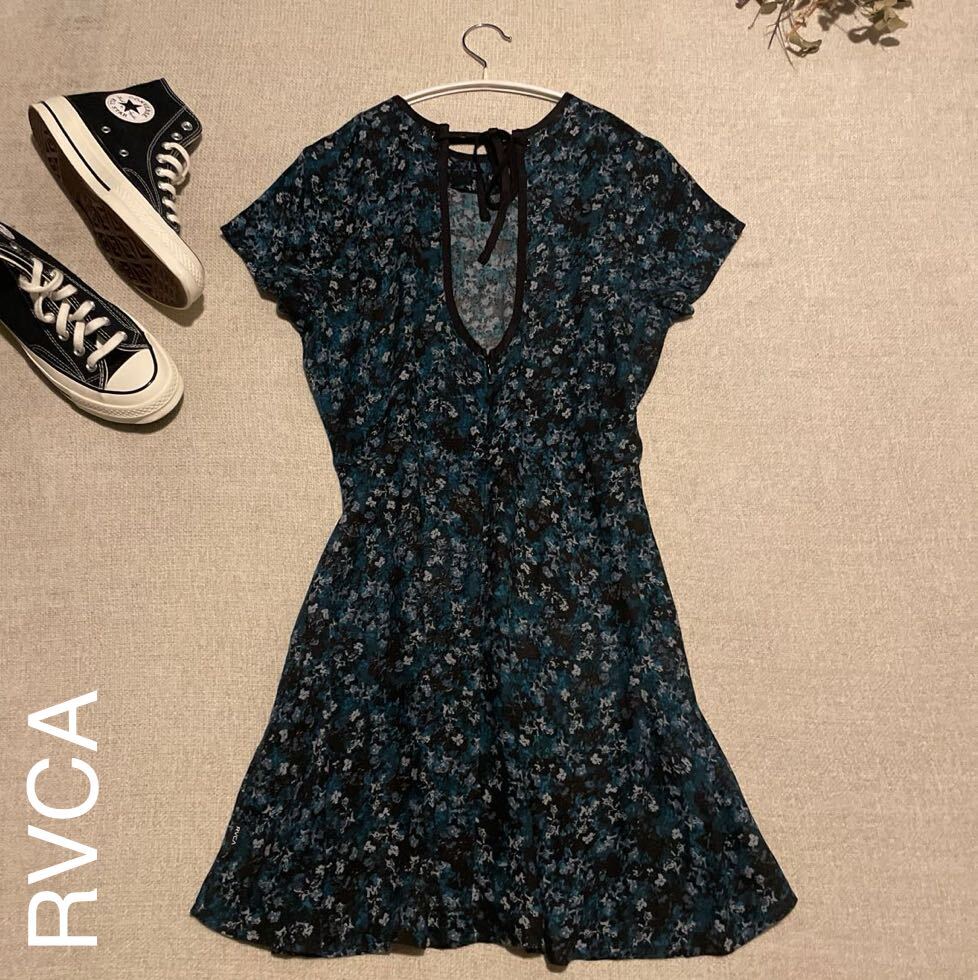 RVCA ワンピース 半袖 フレアスカート レディースSサイズ 花柄 レトロ フラワー ドレス ルーカ ルカ 大人可愛い ブラック拍卖