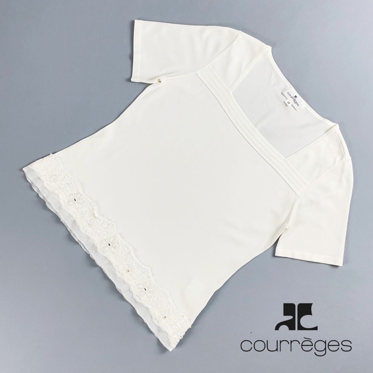 Courreges クレージュ スクエアネック レースビジュー刺繍カットソー トップス レディース 白 サイズ38*RC1520拍卖