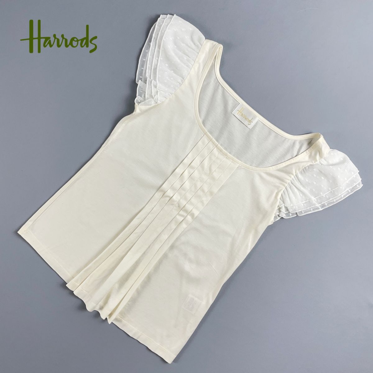 美品 Harrods ハロッズ 袖チュールTシャツ 半袖カットソー トップス レディース アイボリー サイズM*RC1362拍卖