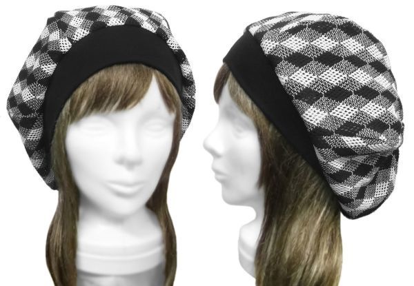 ◇送料無料◇ ハンドメイド◆リブ付ベレー帽◆アーガイル風透かし織ニット/黒×白 ◇ゆったりサイズ・小顔効果・長いシーズン着用◇拍卖