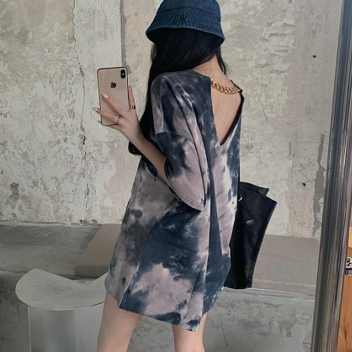 カットソー 半袖 Tシャツ バックチェーン付き タイダイプリント オーバーサイズ(ブラック)シンプルデザイン拍卖