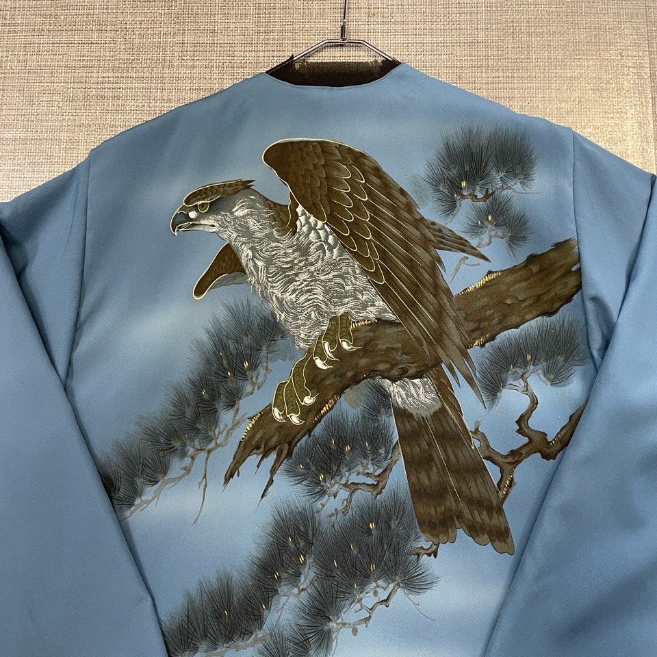 大島紬/リメイク/着物/メンズ(パッチワーク) リバーシブル (鷹・鷲)No3/コート/着流し☆サイズL~LL拍卖