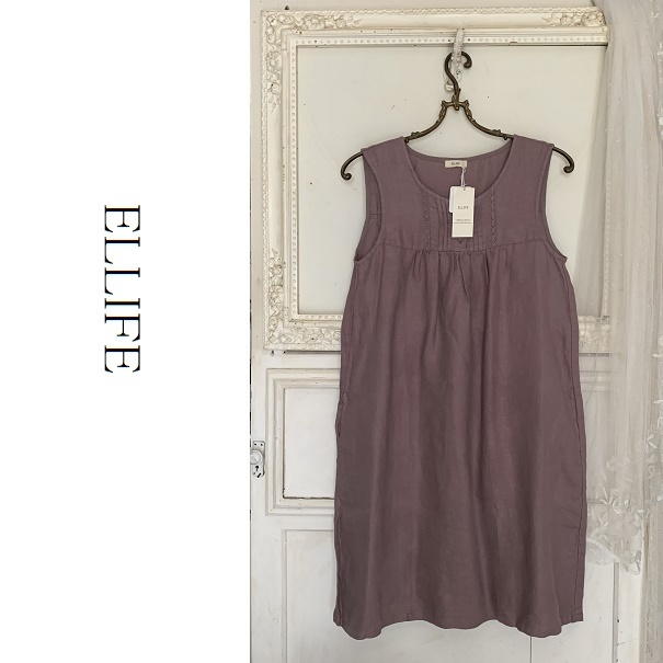新品 未使用 タグ付き ELLIFE エリフェ 麻リネン100% ノースリーブワンピース 紫パープル M拍卖