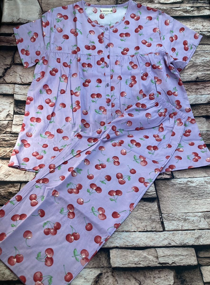 送料無料!ゆったりサイズ!サラサラ快適 綿混素材!可愛いさくらんぼ柄レディースパジャマ(画像から)1組 拍卖