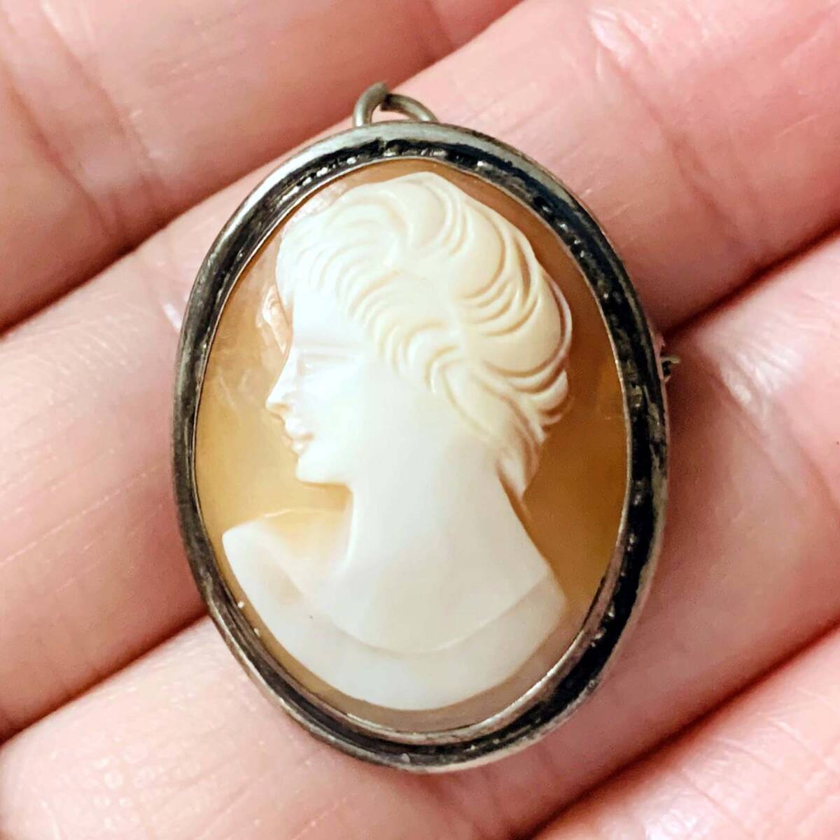 ヴィンテージ 天然貝シェル CAMEOカメオ 美人彫刻 800シルバー銀製 2WAY ペンダントトップ ブローチ No.S447拍卖