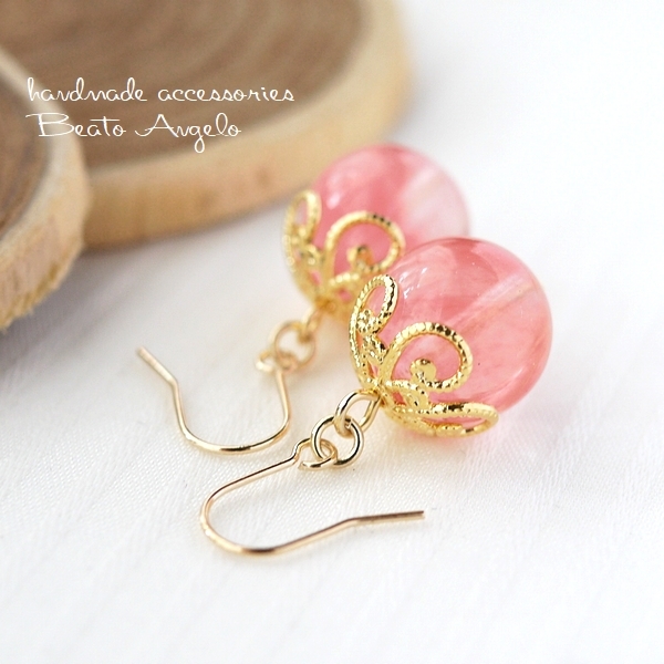 ◇◆+angelo+チェリークォーツの一粒ピアス(p-042) 10mm 花座 チタン 樹脂 イヤリング レッド拍卖