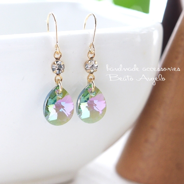 ◇◇+angelo+スワロフスキー 6128とラインストーンのピアス(p-080)Cパラダイスシャイン G 10mm ドロップ パープル グリーン拍卖