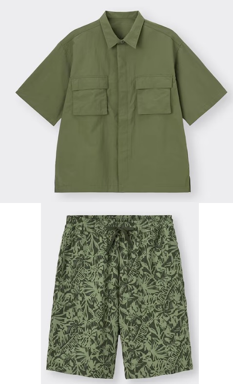 13【新品タグ付】*GU ジーユー ナイロンオーバーシャツ(5分袖)&ドライラウンジショーツ(リーフ)上下セット メンズ S 送料無料拍卖