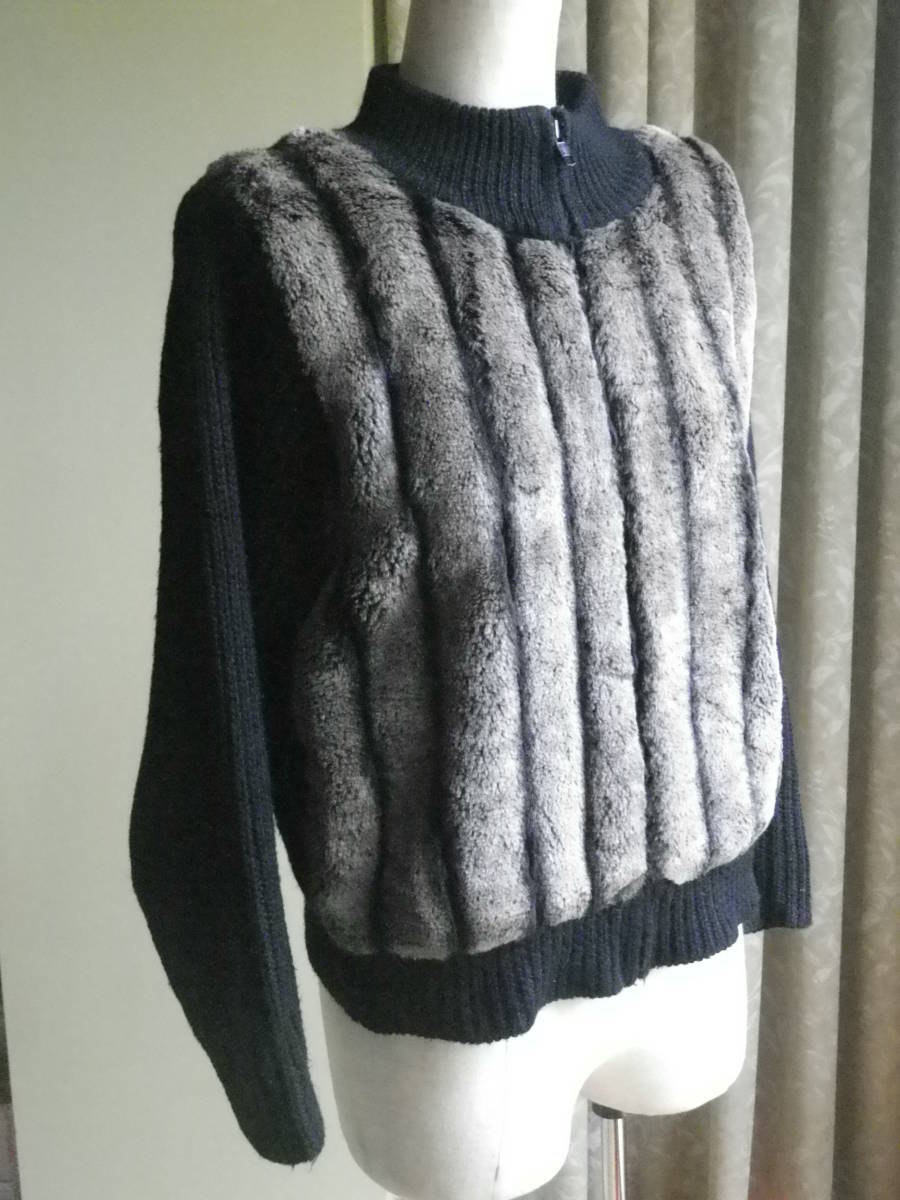 02【中古】*IDANA イダナ ジップアップニット 前身頃フェイクファー M 黒系 超あったか♪ 送料無料拍卖