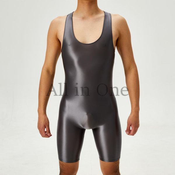 135-113-26 光沢 ツヤツヤ メンズ レスリング ボディスーツ【グレー,Lサイズ】男性 コスプレ コスチューム イベント ジャンプスーツ .2拍卖