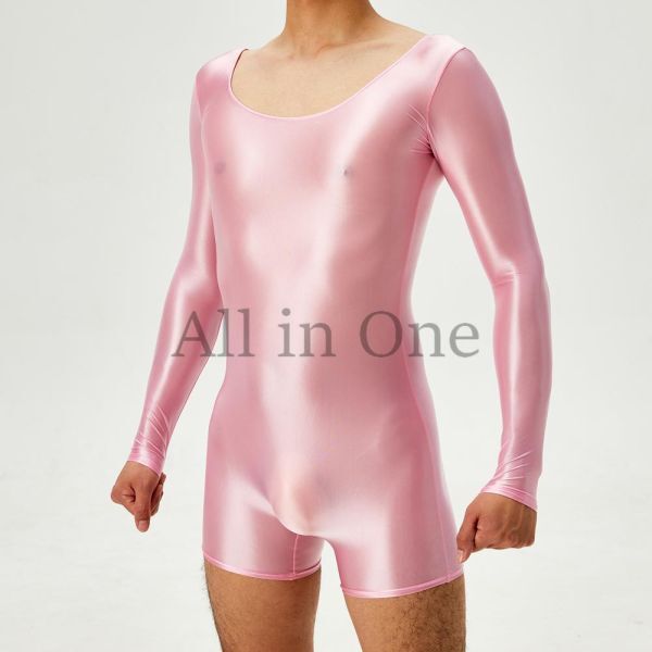 135-175-26 ツヤツヤ 光沢 シルキー ボクサー ロングスリーブ【ピンク,M】男性 メンズ コスチューム セクシー コスプレ ランジェリー.2拍卖