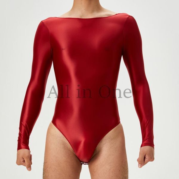 135-143-26 ツヤツヤ 光沢 シルキー ハイレグ ロングスリーブ【レッド,XL】男性 メンズ コスチューム セクシー コスプレ ランジェリー.2拍卖