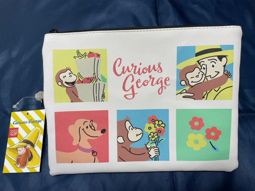 ◆新品◆縦(約17.5cm)×横(約23cm)◆おさるのジョージ ファスナー付き BOX柄 フラットポーチ◆アイボリー拍卖