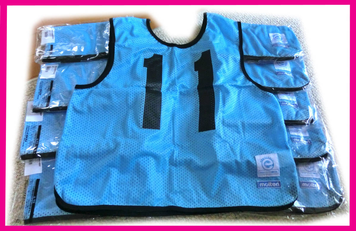 新品 molten モルテン 中学 高校 一般 大人 ビブス 11番~20番 連番 10枚セット サックス 水色 フットサル サッカー バスケ ドッチボール 拍卖