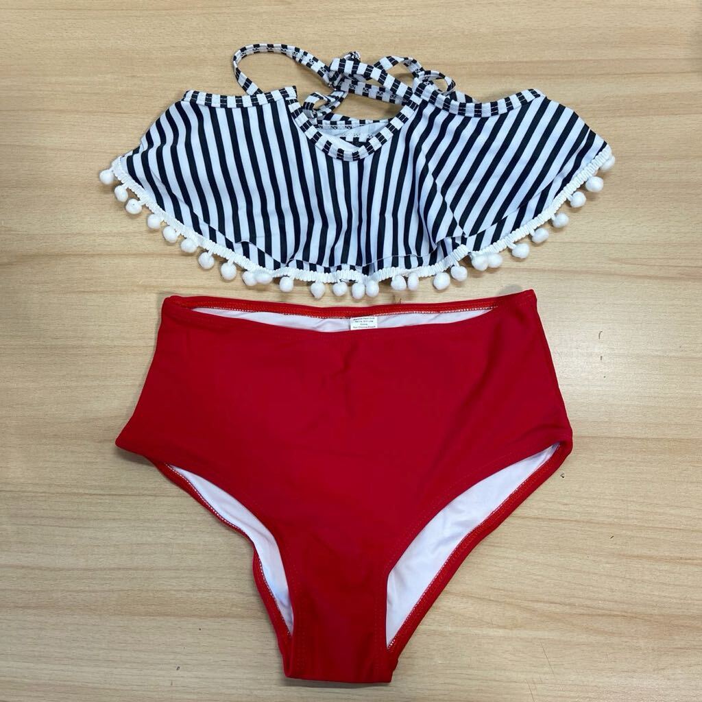 キッズ 水着 ビキニセット スイムウェア 花柄 ボンボン レッド ストライプ 130-145サイズ おしゃれ 可愛い 海水浴 プール (205)拍卖