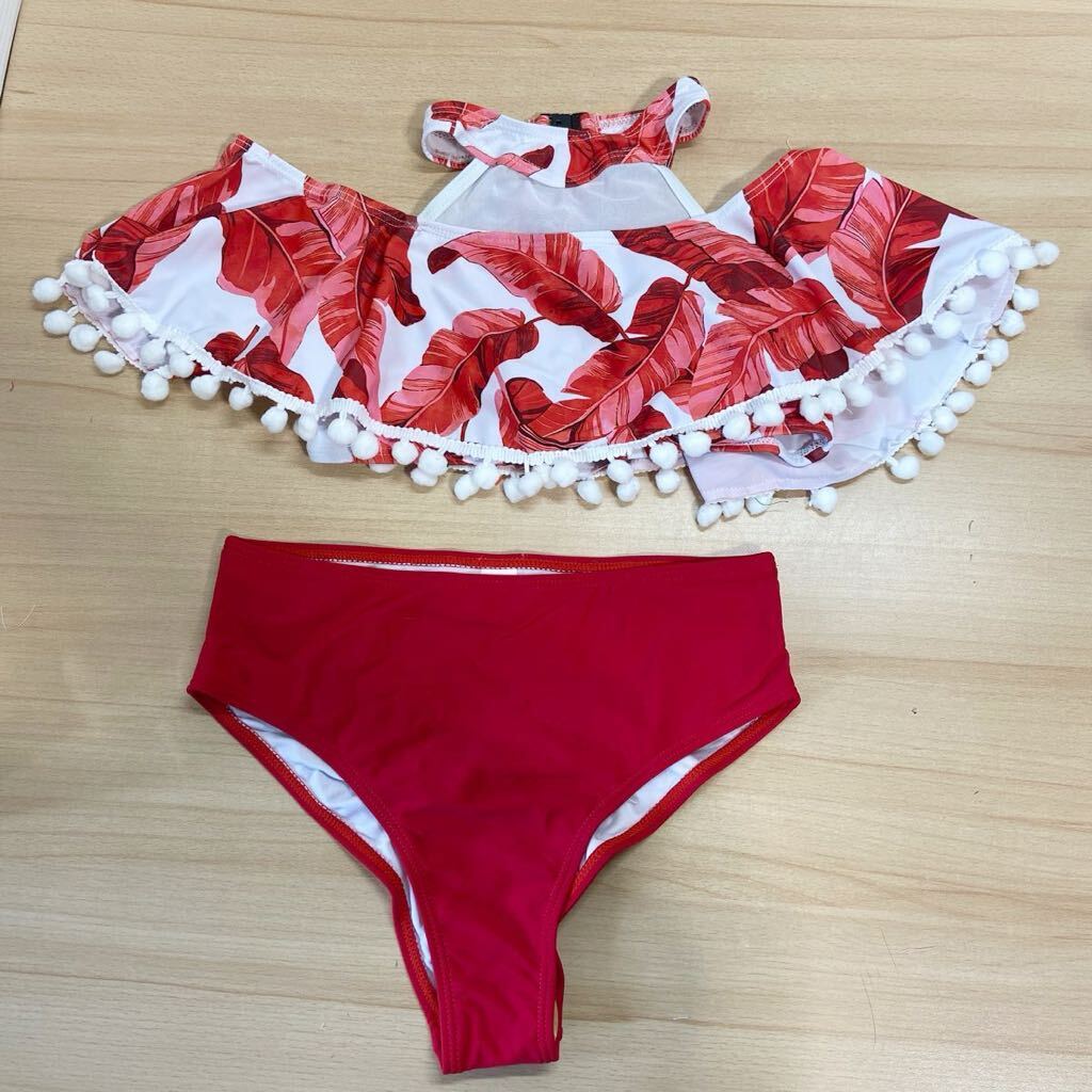 キッズ 水着 ビキニセット スイムウェア リーフ柄 ボンボン レッド 145-155サイズ おしゃれ 可愛い 海水浴 プール (192)拍卖