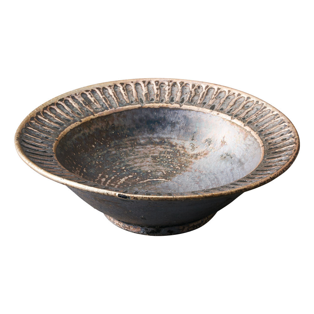 信楽焼! ☆黒釉彫リム鉢☆ 3-4145 新品 中鉢 丼 飯碗 茶漬け碗 鉢 小鉢 プレート 小皿 盛皿 向付 高台皿拍卖