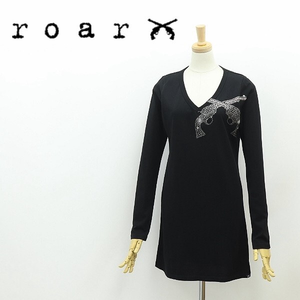 美品◆roar ロアー メタルスタッズ ラインストーン 二丁拳銃 クロスガン ピストル Vネック コットン チュニック 黒 ブラック 2拍卖