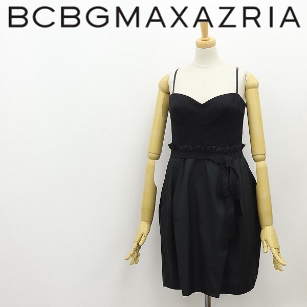◆BCBG MAXAZRIA マックスアズリア 異素材 切替 リボン ギャザー コクーン ドッキング キャミソール ワンピース 黒 ブラック S拍卖