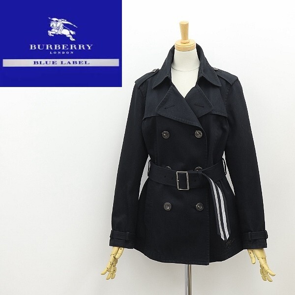 ◆BURBERRY BLUE LABEL バーバリー ブルーレーベル ロゴ刺繍 ハーフ トレンチ コート 黒 ブラック 36拍卖