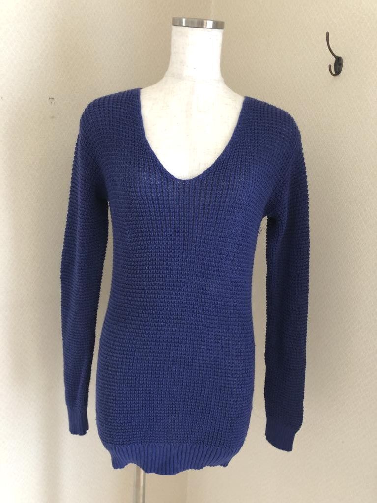 ユニクロ レディース サマーニット 冷房対策 Vネック ニット 長袖 セーター 青 ブルー拍卖