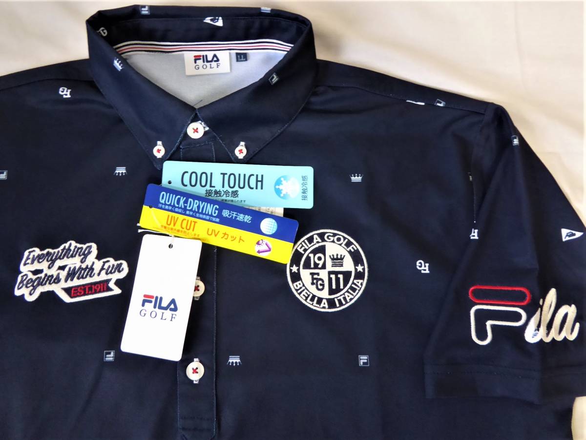 FILA GOLF フィラ ゴルフ 接触冷感 吸汗速乾 UV CUT ストレッチ 飛び柄 ボタンダウン半袖ポロシャツ LL 紺 ①拍卖