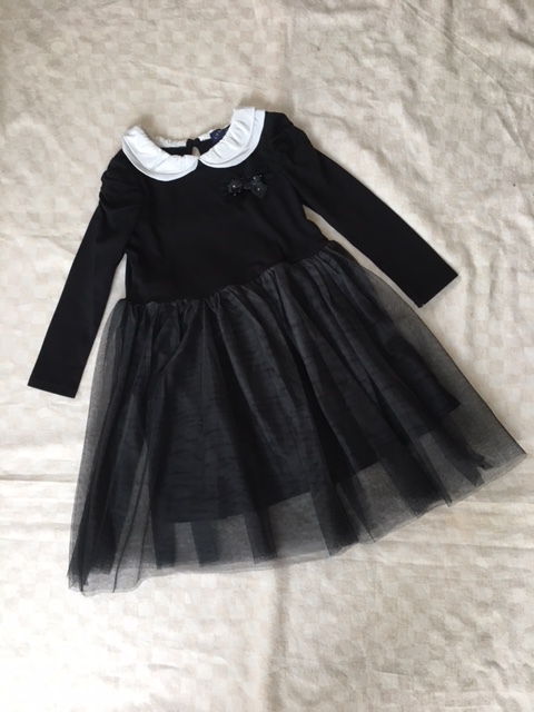 08-A191★新品未着用・送料無料!冠婚葬祭OK♪袖ギャザー・チュール付スカートワンピ・黒110拍卖