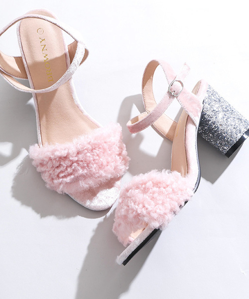 WEGO プリンセス ラメ ストラップサンダル エコファー サンダル モコモコ 姫サンダル ピンク ふわふわ フェイクファー ファー拍卖