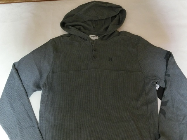 ★USA購入 人気サーフ系ブランド ハーレー【HURLEY】左腕ロゴプリント入り フード付ヘンリーネック サーマル素材ロングTシャツ US M 濃灰★拍卖